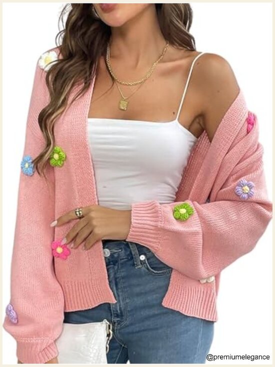 Sweaters - Cropped Boho Floral Embroidered Oversized Open Front Cardigan Sweater